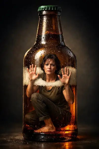 Surreal Portrait of a Woman Trapped Inside a Beer Bottle