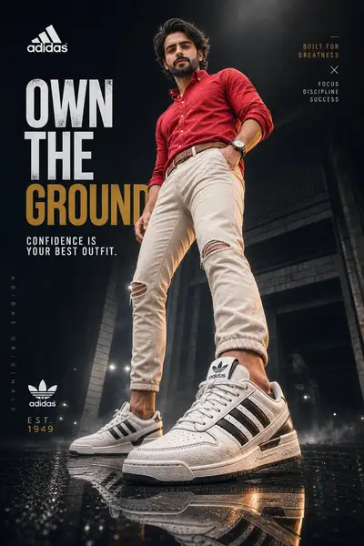 Low-angle sneaker campaign poster in the rain