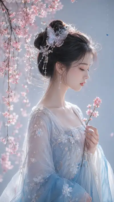 Guofeng cherry blossom portrait with butterfly hairpin and signature
