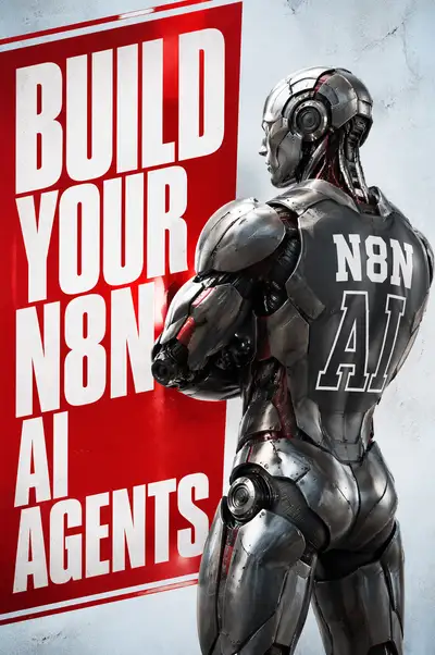 Editorial poster of a steel humanoid robot for an N8N AI agents brand