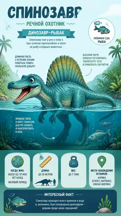 Cute Pixar style spinosaurus river hunter infographic