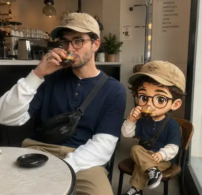 Realistisches Lifestyle-Foto mit passendem Chibi-Cartoon-Klon