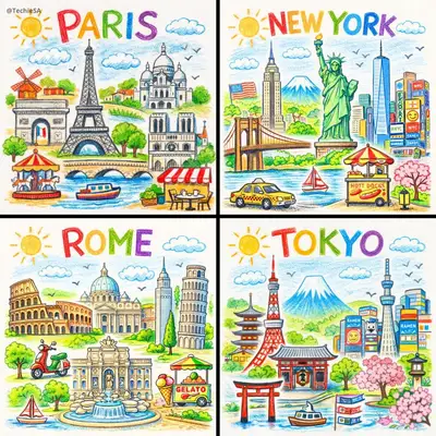 Colorful crayon drawing of a city skyline