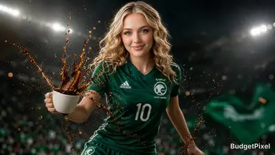 Cinematic Saudi Football Fan Coffee Splash Portrait