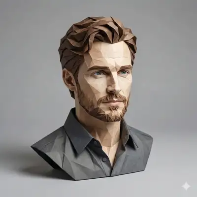 Retrato en papel 3D con pelo rizado y anteojos