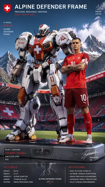 Switzerland World Cup mech poster: Alpine Defender Frame with Xhaka