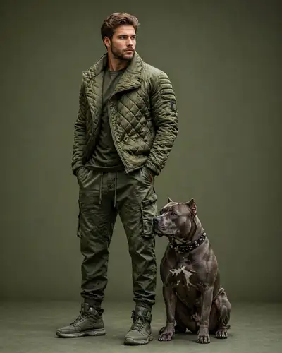 Homme élégant avec un pitbull dans une séance de mode monochrome en studio