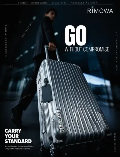 RIMOWA aluminum luggage editorial advertisement at the airport