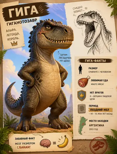 Pixar-style character concept sheet: Gigantosaurus Giga