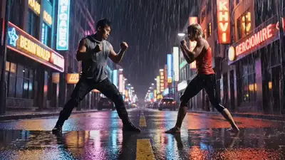 Combat d'arts martiaux sur une rue urbaine trempée par la pluie