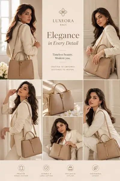 Luxury handbag campaign collage template with brand name placeholder