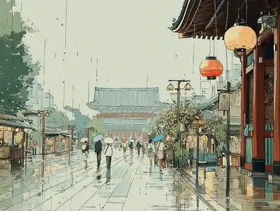 雨中日本传统寺庙街道插画