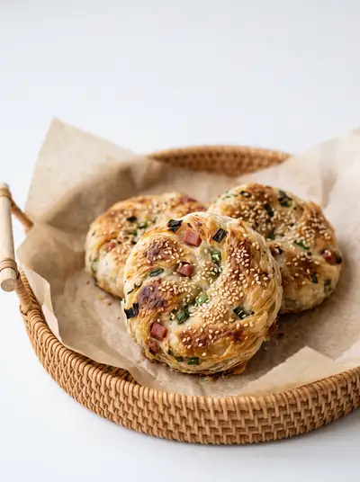 Vertical Food Still Life: Scallion Ham Guokui Flatbread