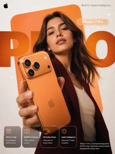 Premium smartphone advertisement with orange gradient panel