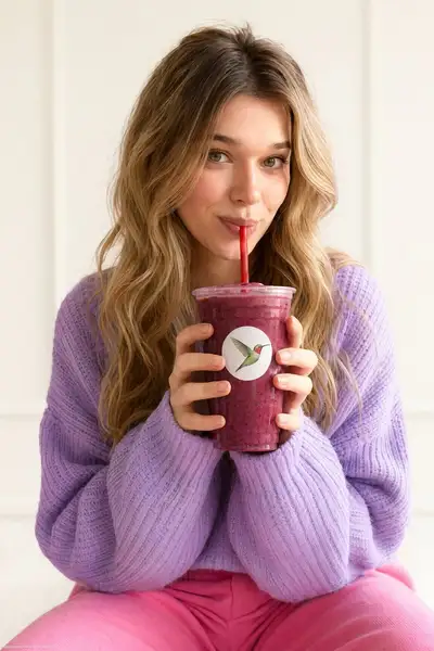 Woman sipping a berry smoothie in a studio lifestyle ad shot