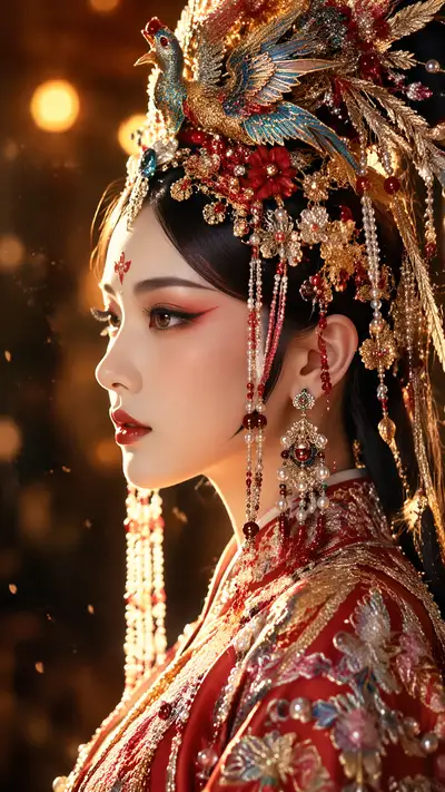 Chinese opera beauty portrait with phoenix headdress and stage makeup