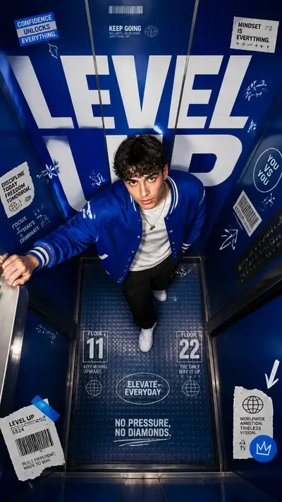 Level Up elevator streetwear editorial poster prompt