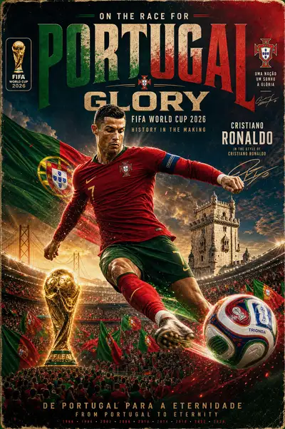 Cinematic Portugal World Cup 2026 hero poster featuring Ronaldo
