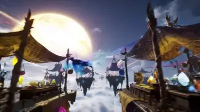 Surreal Floating Marketplace in Kaleidoscopic Sky