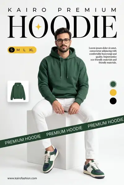 Minimalist studio hoodie advertisement with a model on a cube