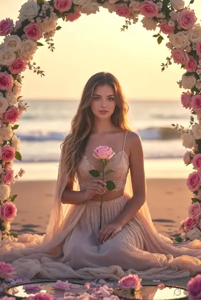 Serene Beach Portrait with Rose