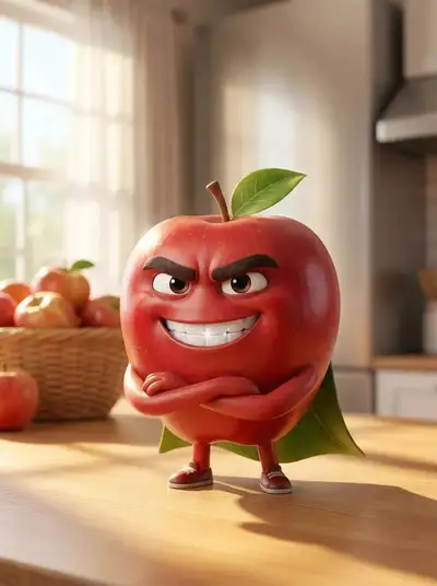 Pixar-style 3D character apple with a confident grin