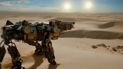 Desert Battlefield Mech Tracking Shot