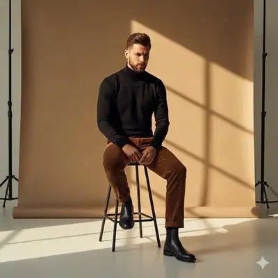High-fashion barstool portrait with chiaroscuro window-pane light