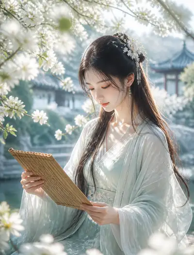 Classical Chinese Maiden Reading in a Pear Blossom Garden