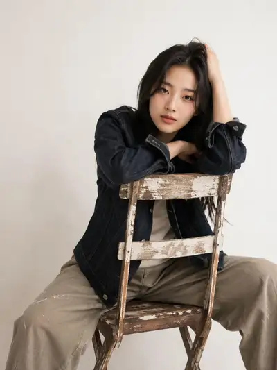 Portrait de mode en studio sobre avec chaise