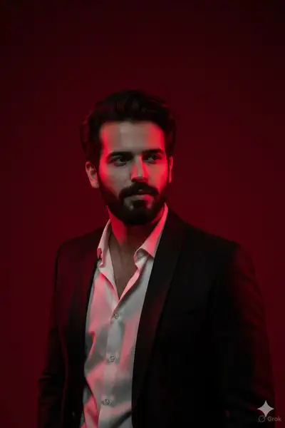 Retrato cinematográfico iluminado em vermelho de um jovem de terno preto