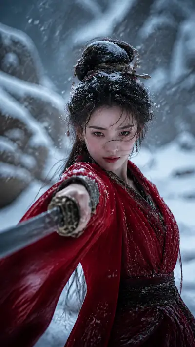 Wuxia-Schwertkämpferin-Porträt in verschneiten Bergen