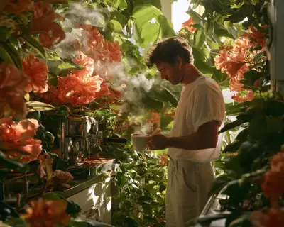 Overgrown Kitchen Botanical Coffee Scene