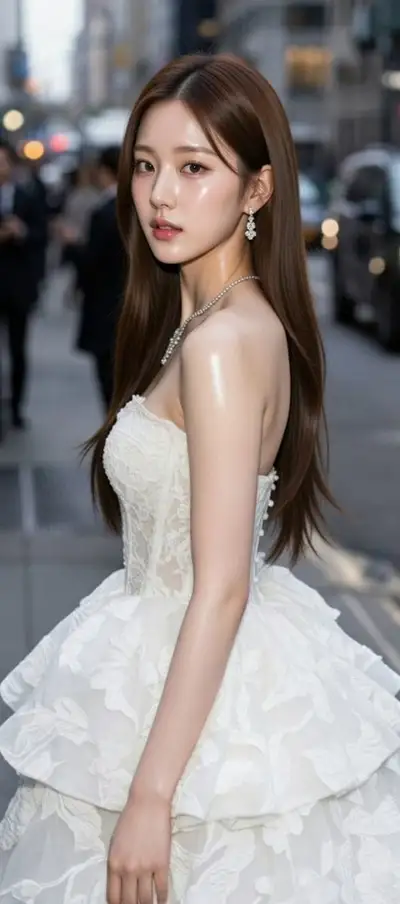 Glass-skin urban candid portrait of an actress in a white gown