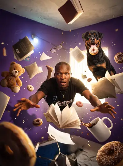 Surreal scene of a man falling through floating everyday objects