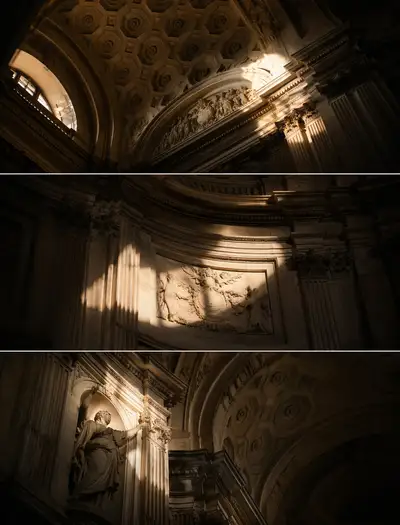 Grand baroque interior with dramatic chiaroscuro lighting