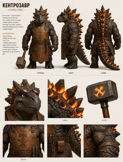 Pixar-style Centrosaurus Blacksmith Character Sheet