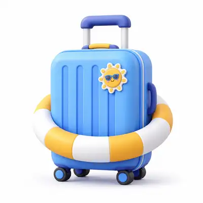 3D clay-style suitcase icon with swim ring, UI design