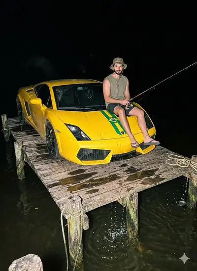 Surreal Lamborghini on a Night Fishing Dock