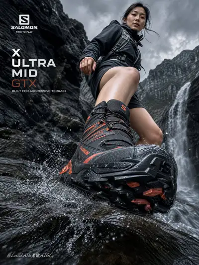 Salomon hiking shoe ultra-low-angle mountain stream commercial poster