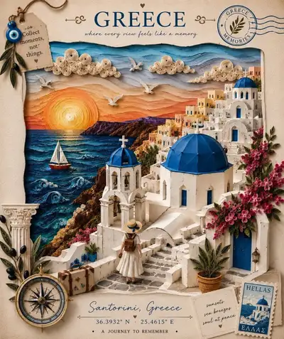 3D paper quilling travel poster template for any destination