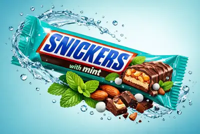 Hyperrealistic candy bar ad with splash and ingredient shots