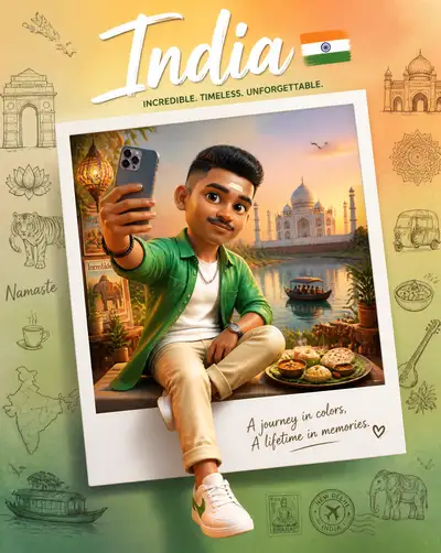 Pixar-style country travel poster with polaroid selfie character