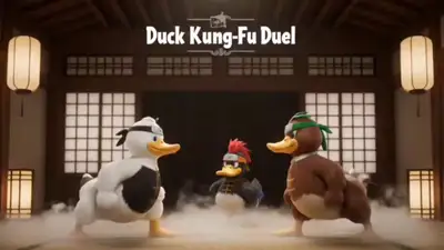 Duelo de kung-fu entre patos en un dojo tradicional