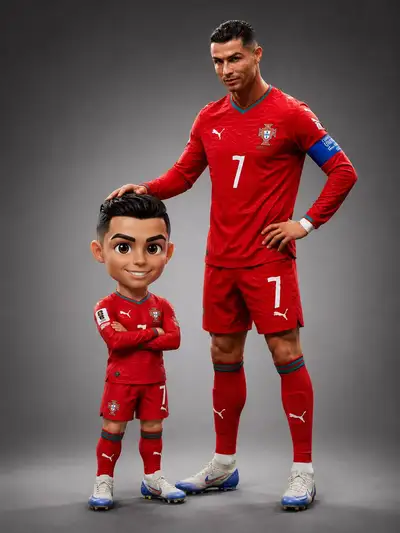自分自身のピクサー風ちびフィギュアと並ぶスタジオキャンペーンポートレート