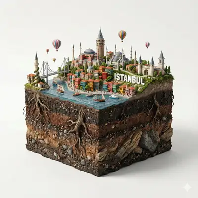 Hyperrealistisches 3D-Diorama von Istanbul mit freigelegtem Erdquerschnitt