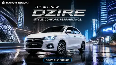 Futuristic smart-city car ad JSON for Dzire sedan