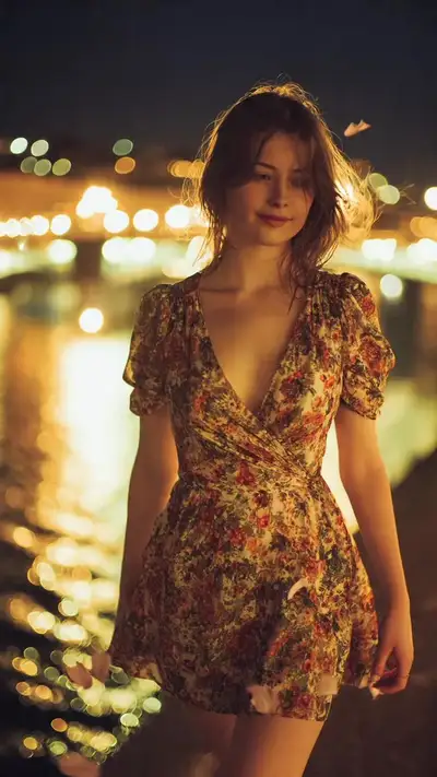 花柄ラップドレスの川辺の夜のポートレート（Meta AI）