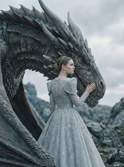 Fantasy couture portrait of a woman with a dragon