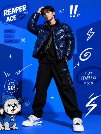 Streetwear fashion editorial with pop-art doodles on electric blue